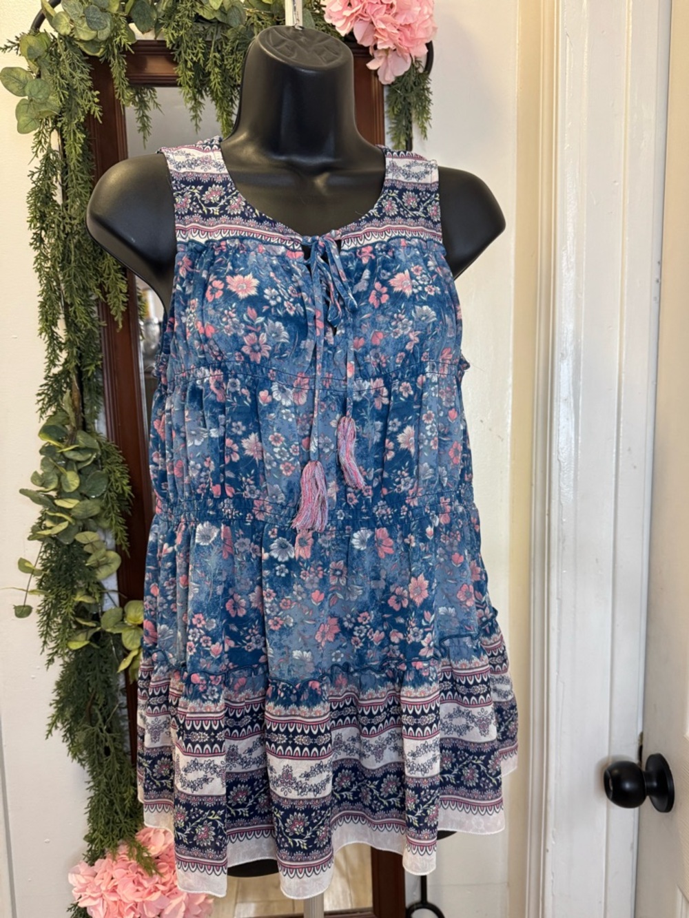 Knox Rose Navy and Teal Floral Print Sleeveless Tunic